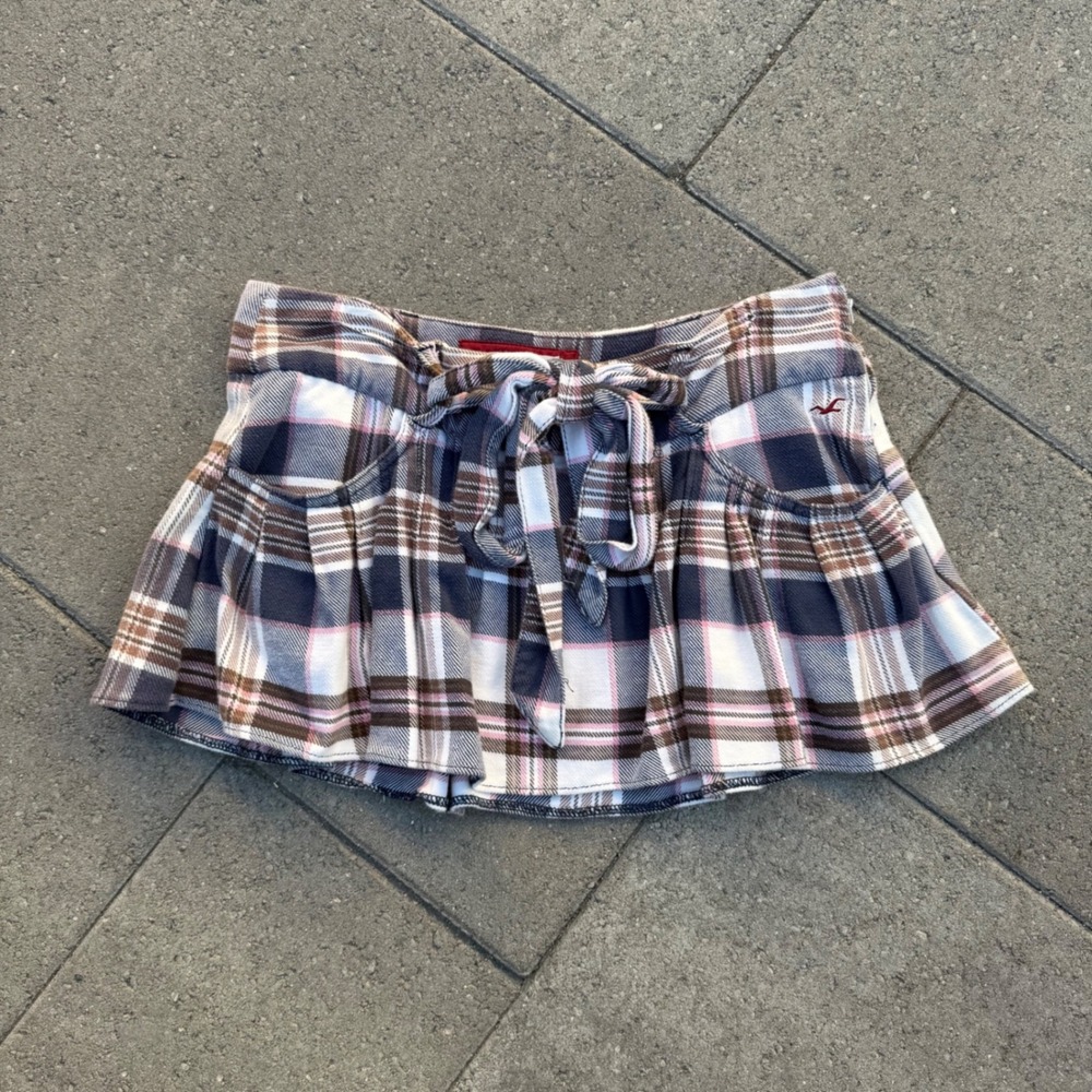 Hollister Plaid Pleated Mini Skirt Brown Navy Pink Tie Waist Size 3 Y2K Preppy